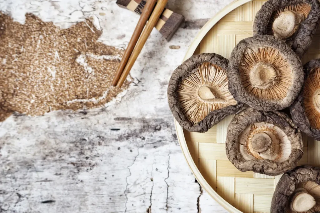 shiitake mushroom on wooden board. 